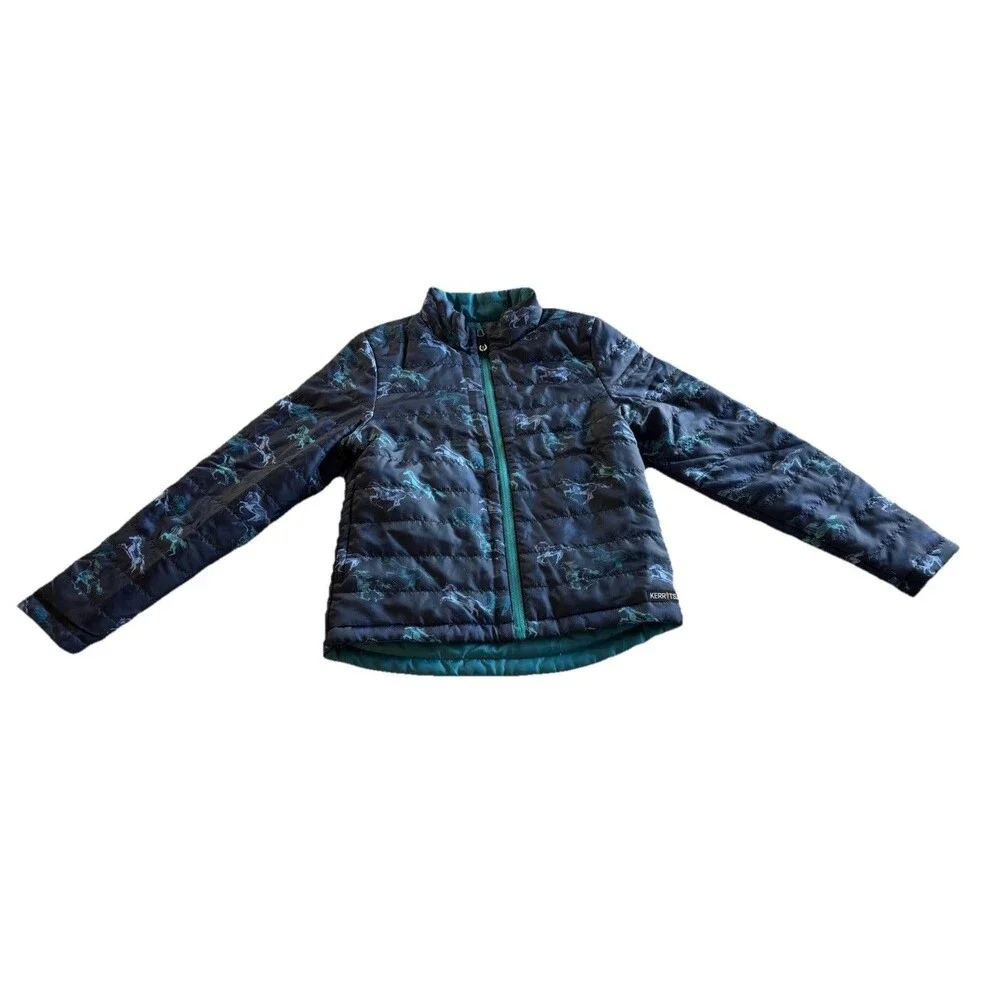 Kerrits Jacket Youth Large Blue Horse Print Puffer Equestrian Reversible
